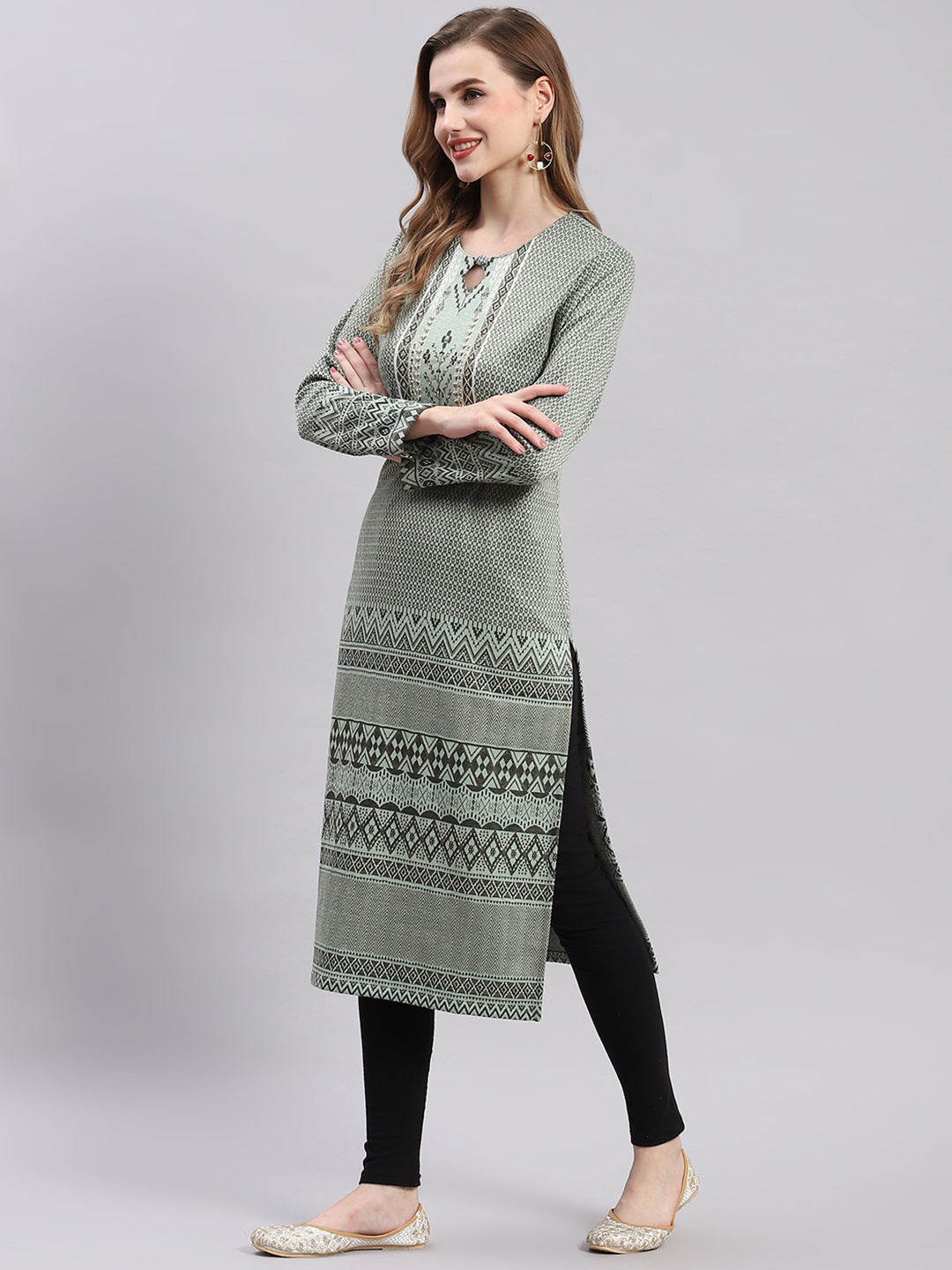 Women Green Printed Round Neck Full Sleeve Kurtis