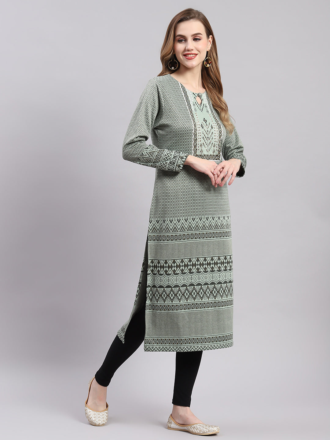 Women Green Printed Round Neck Full Sleeve Kurtis