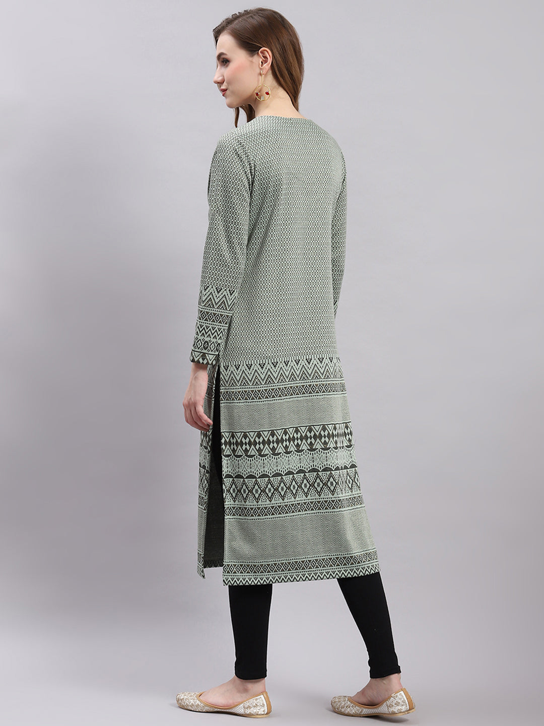 Women Green Printed Round Neck Full Sleeve Kurtis