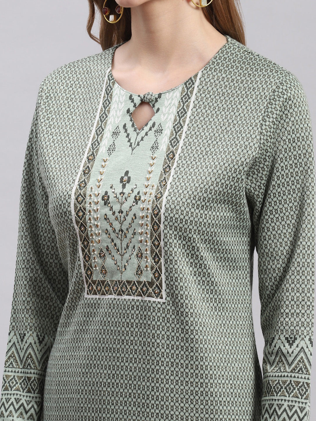 Women Green Printed Round Neck Full Sleeve Kurtis