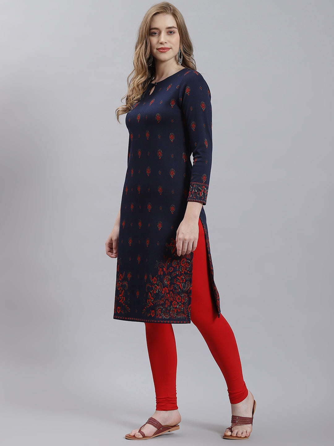 Women Navy Blue Self Kurti