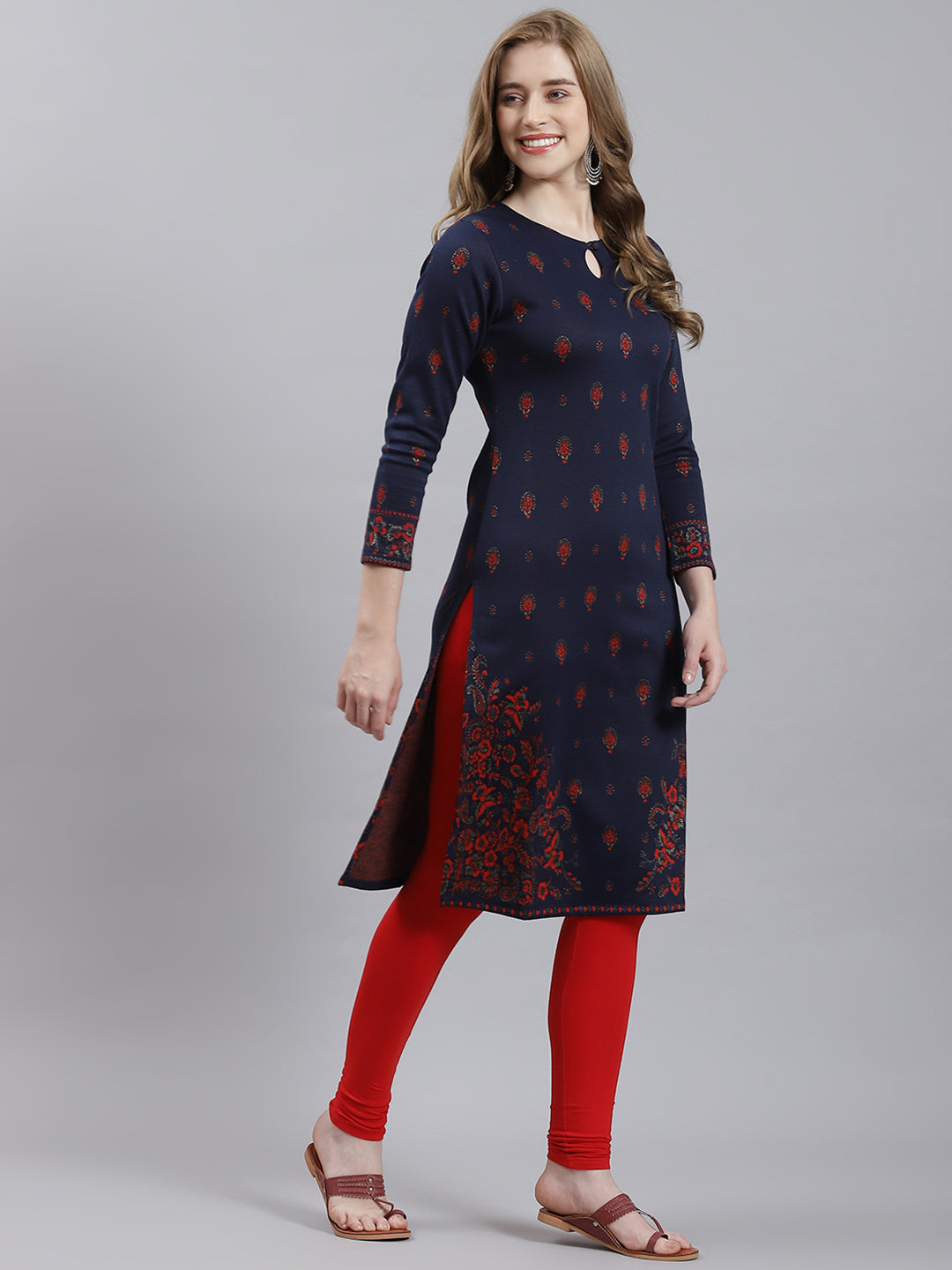 Women Navy Blue Self Kurti
