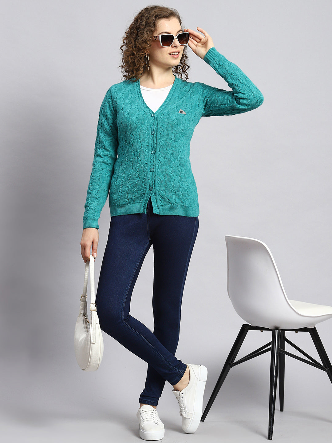 Women Green Self Cardigan