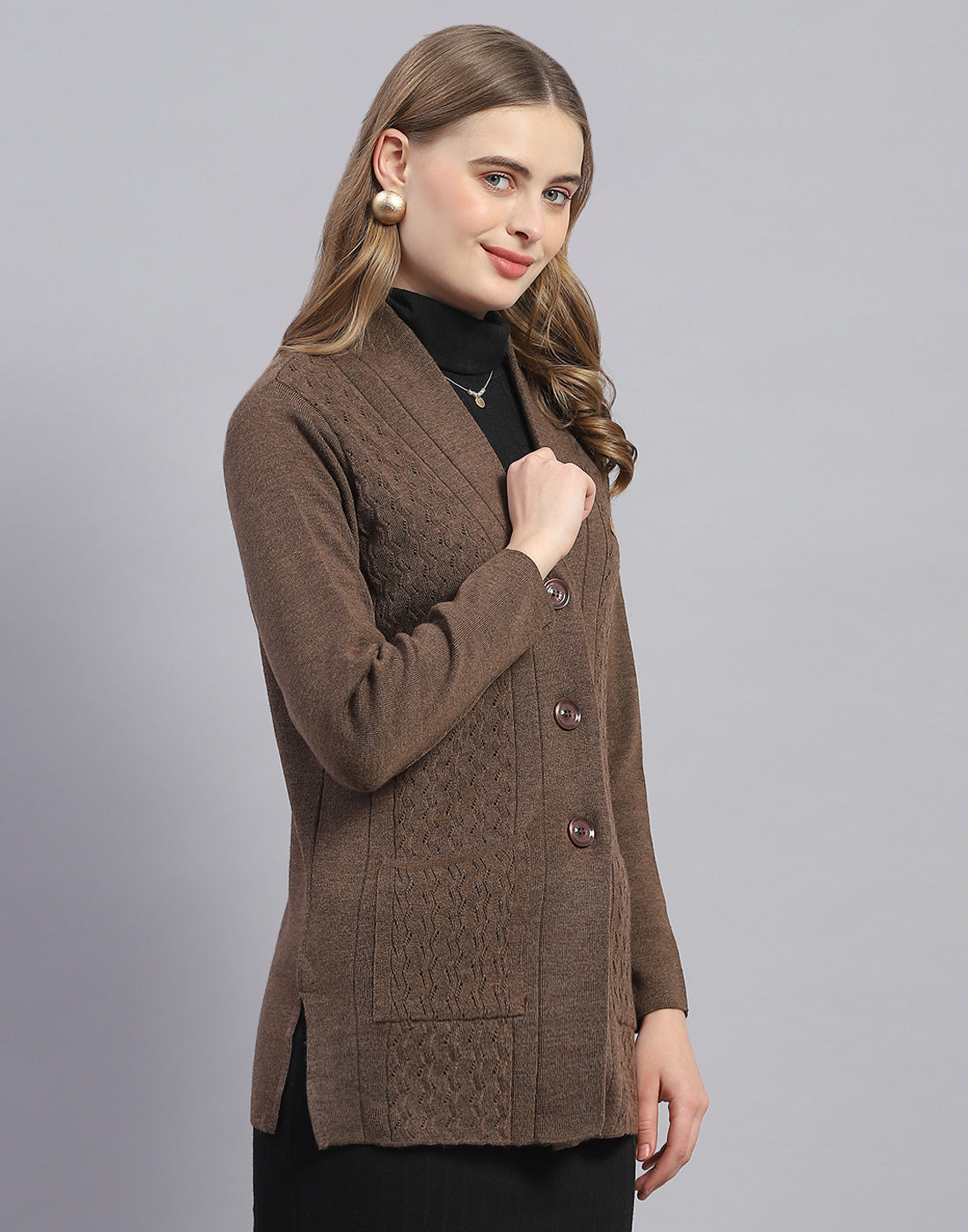 Women Brown Solid V Neck Full Sleeve Cardigan