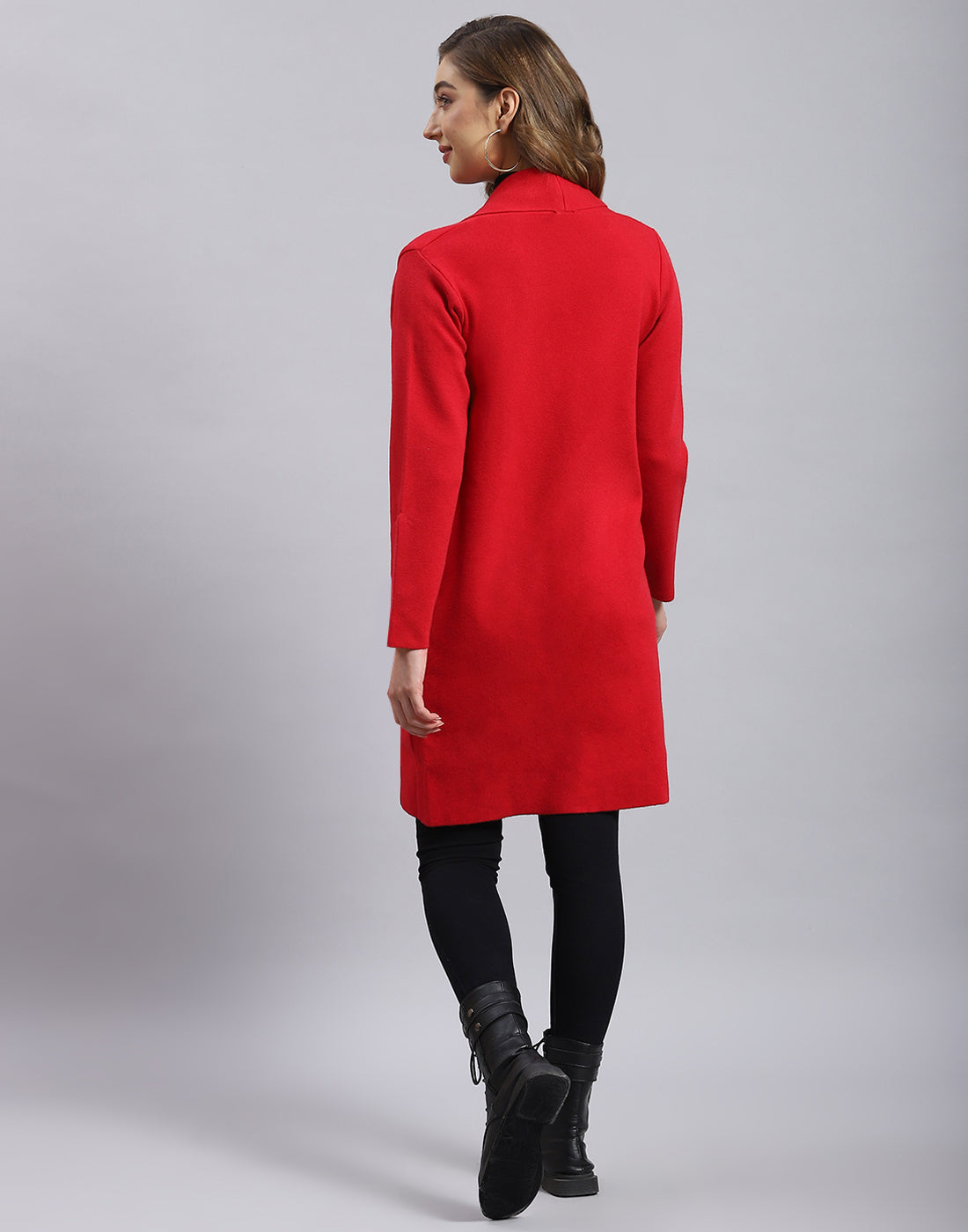 Women Red Self Design V Neck Full Sleeve Cardigan