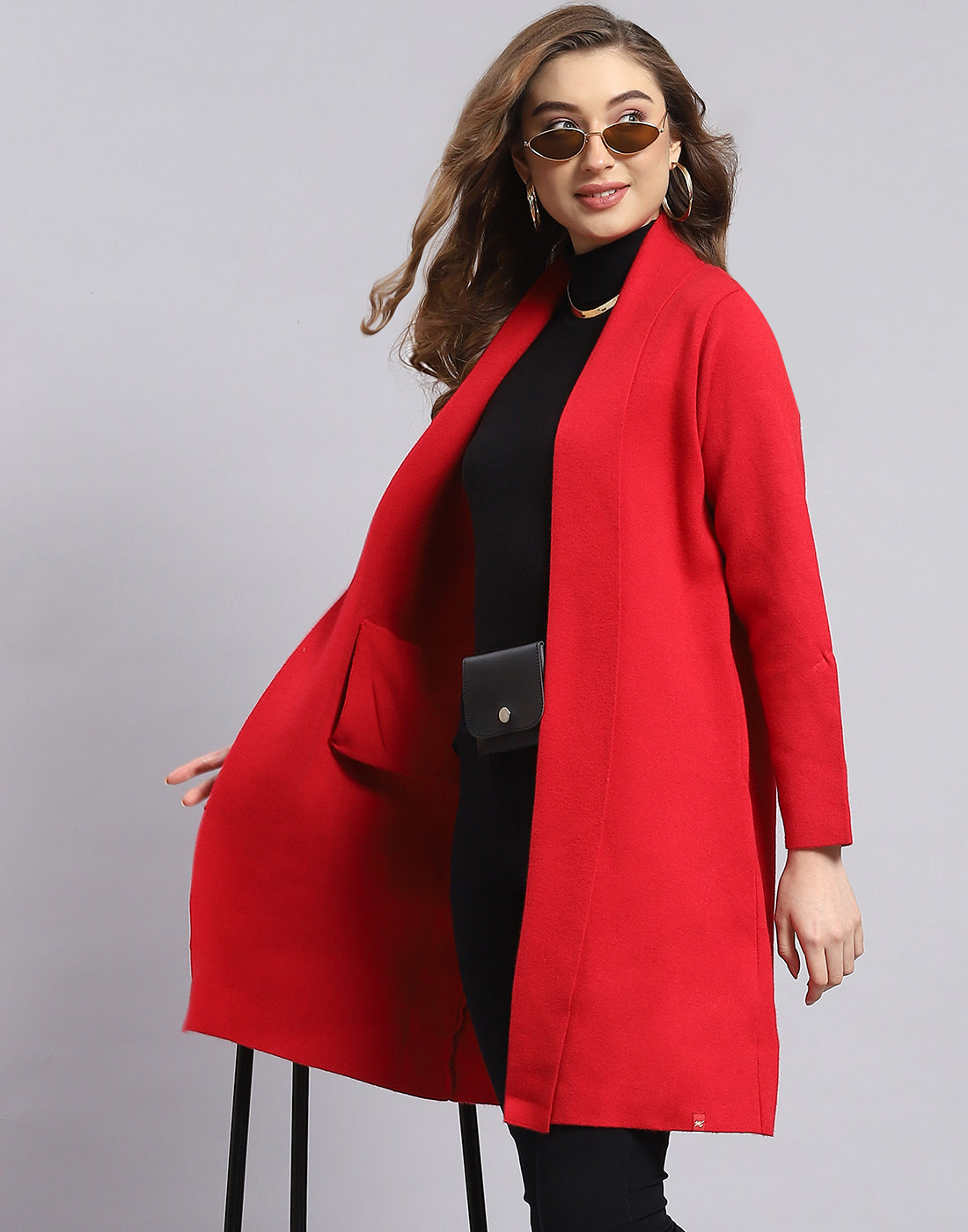 Women Red Self Design V Neck Full Sleeve Cardigan
