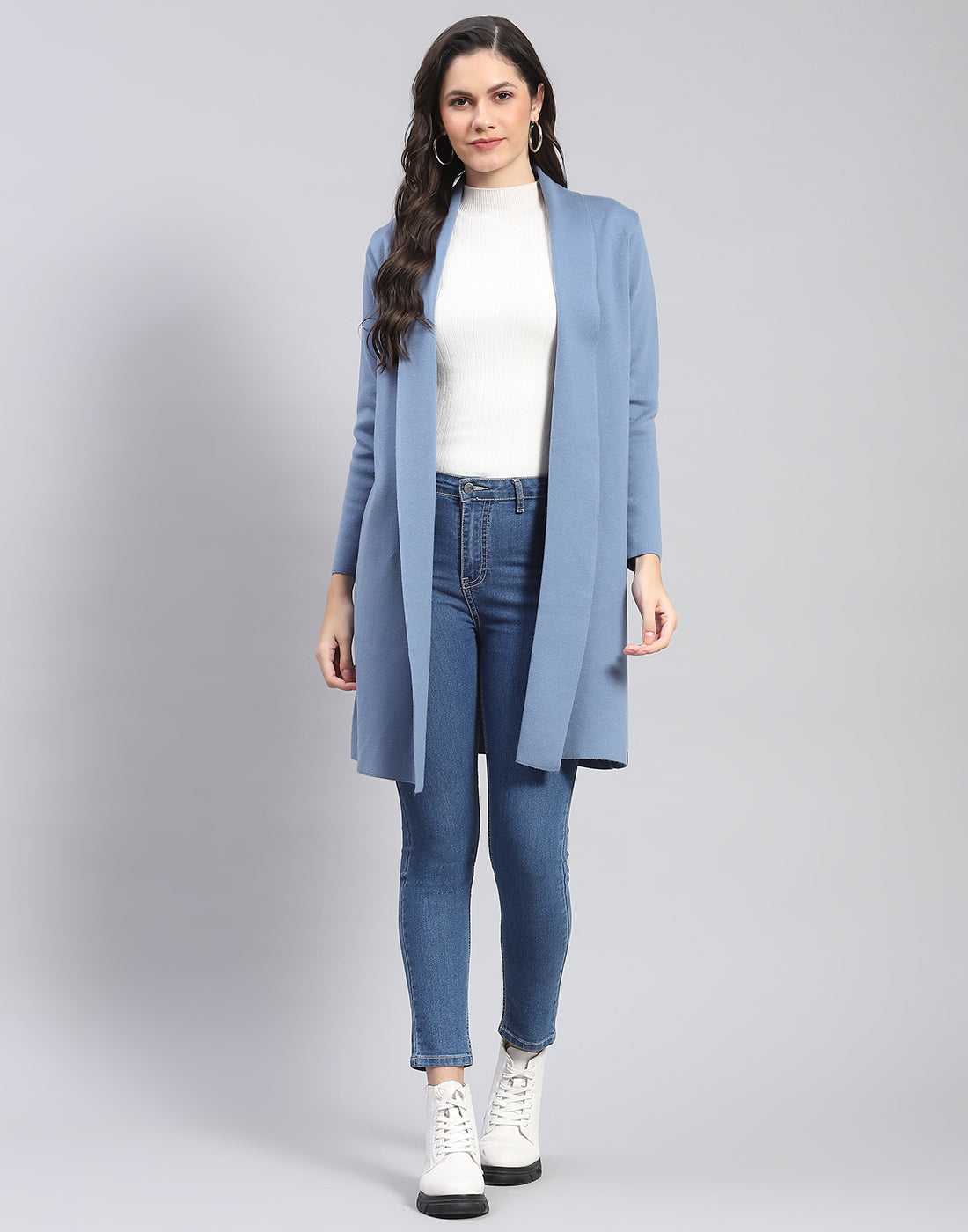 Women Blue Self Design Front Open Full Sleeve Cardigan