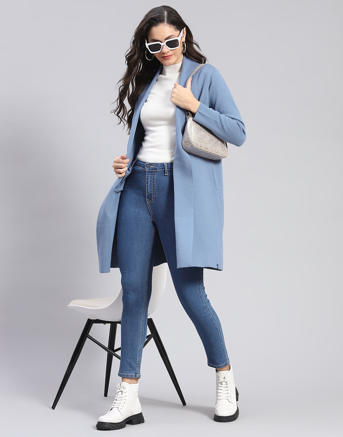 Women Blue Self Design Front Open Full Sleeve Cardigan