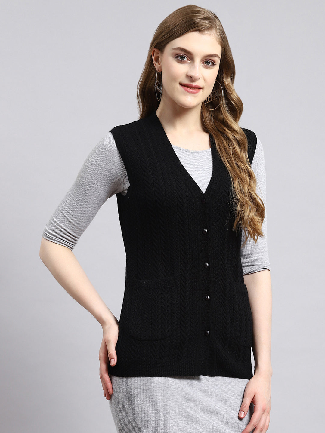 Women Black Self Cardigan