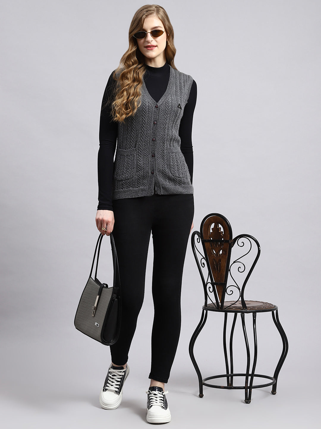 Women Grey Self Cardigan