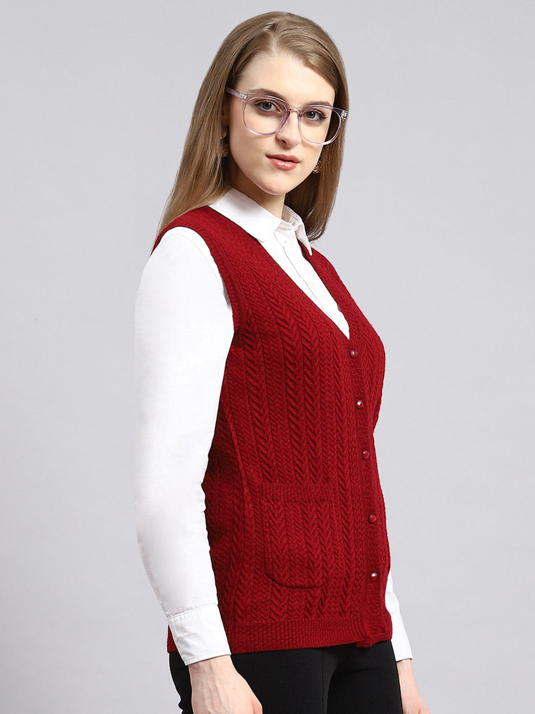 Women Maroon Self Cardigan