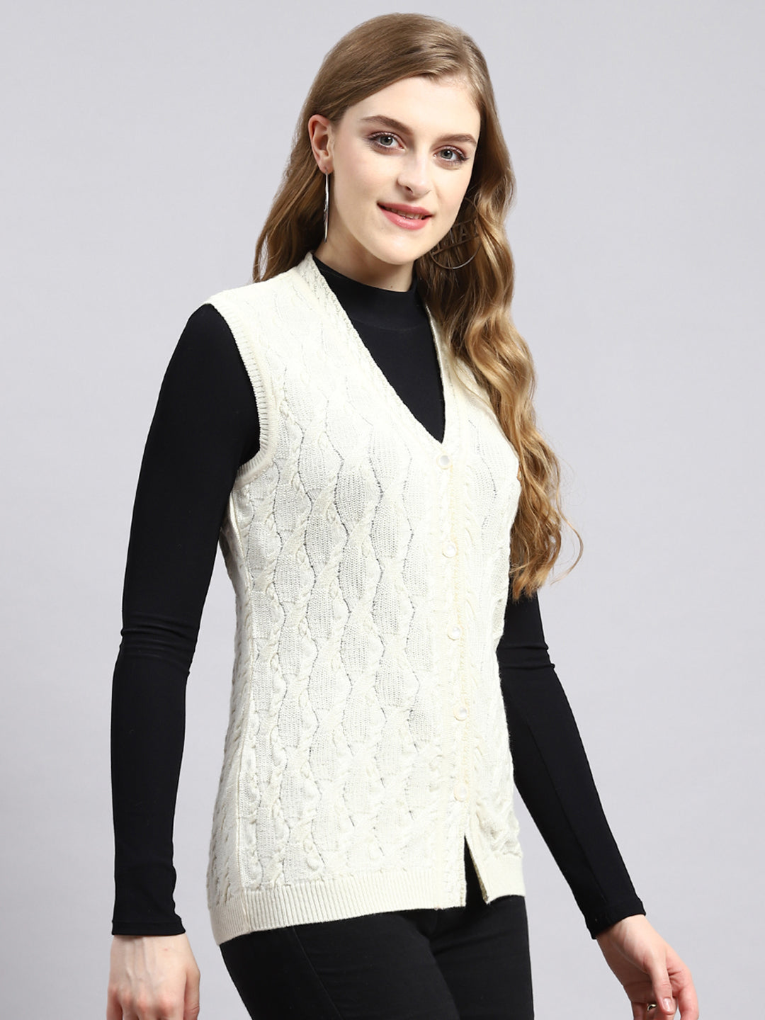 Women Off White Self Cardigan