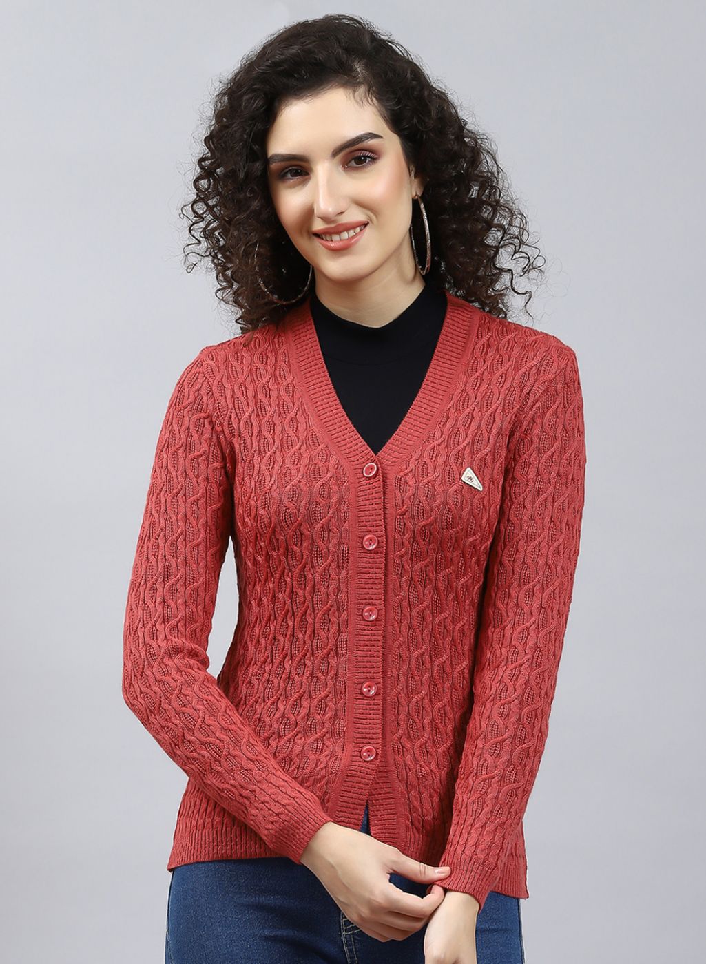 Women Red Self Design Wool blend Cardigan