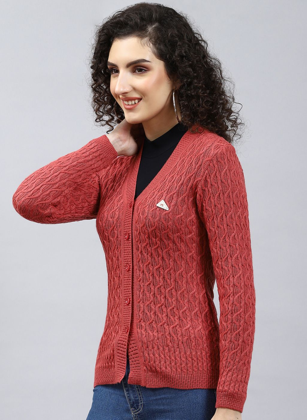 Women Red Self Design Wool blend Cardigan