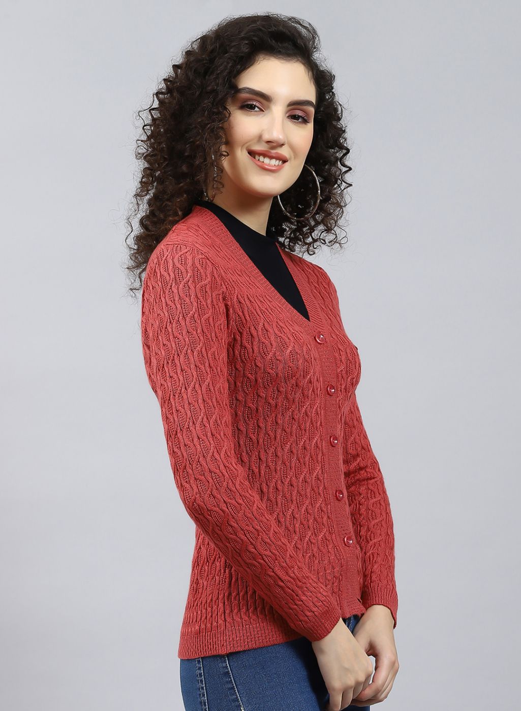 Women Red Self Design Wool blend Cardigan