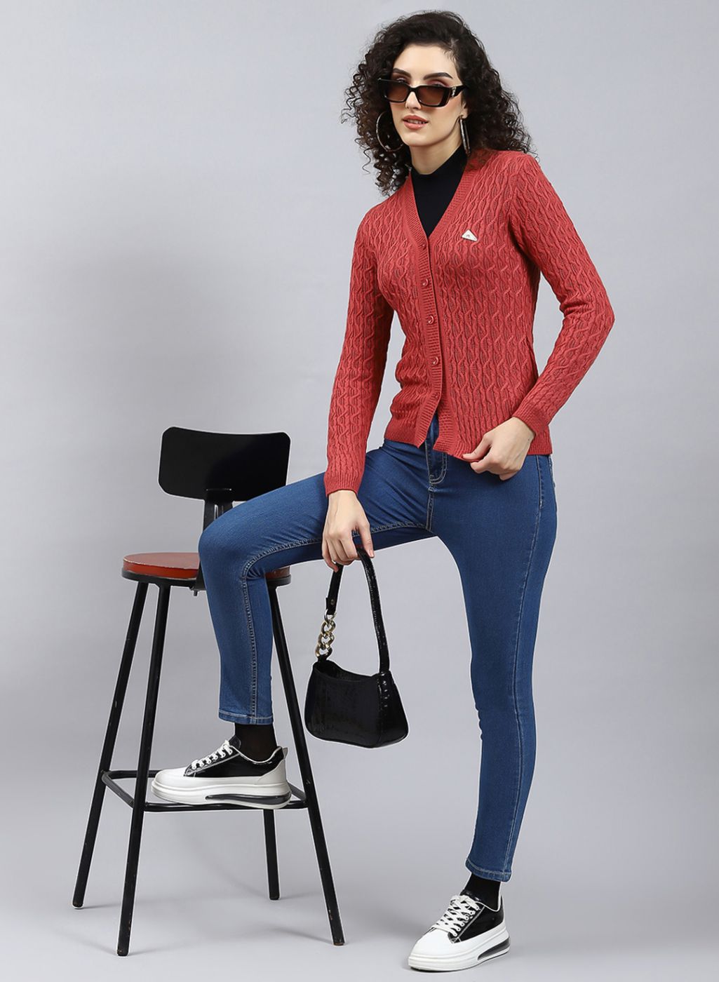 Women Red Self Design Wool blend Cardigan
