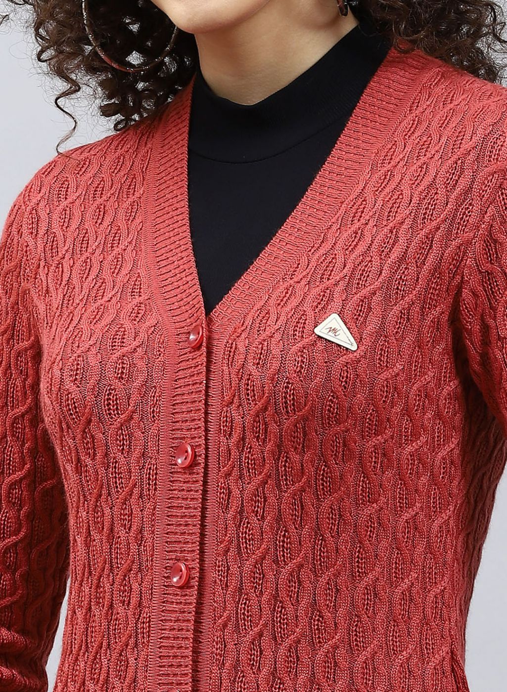 Women Red Self Design Wool blend Cardigan