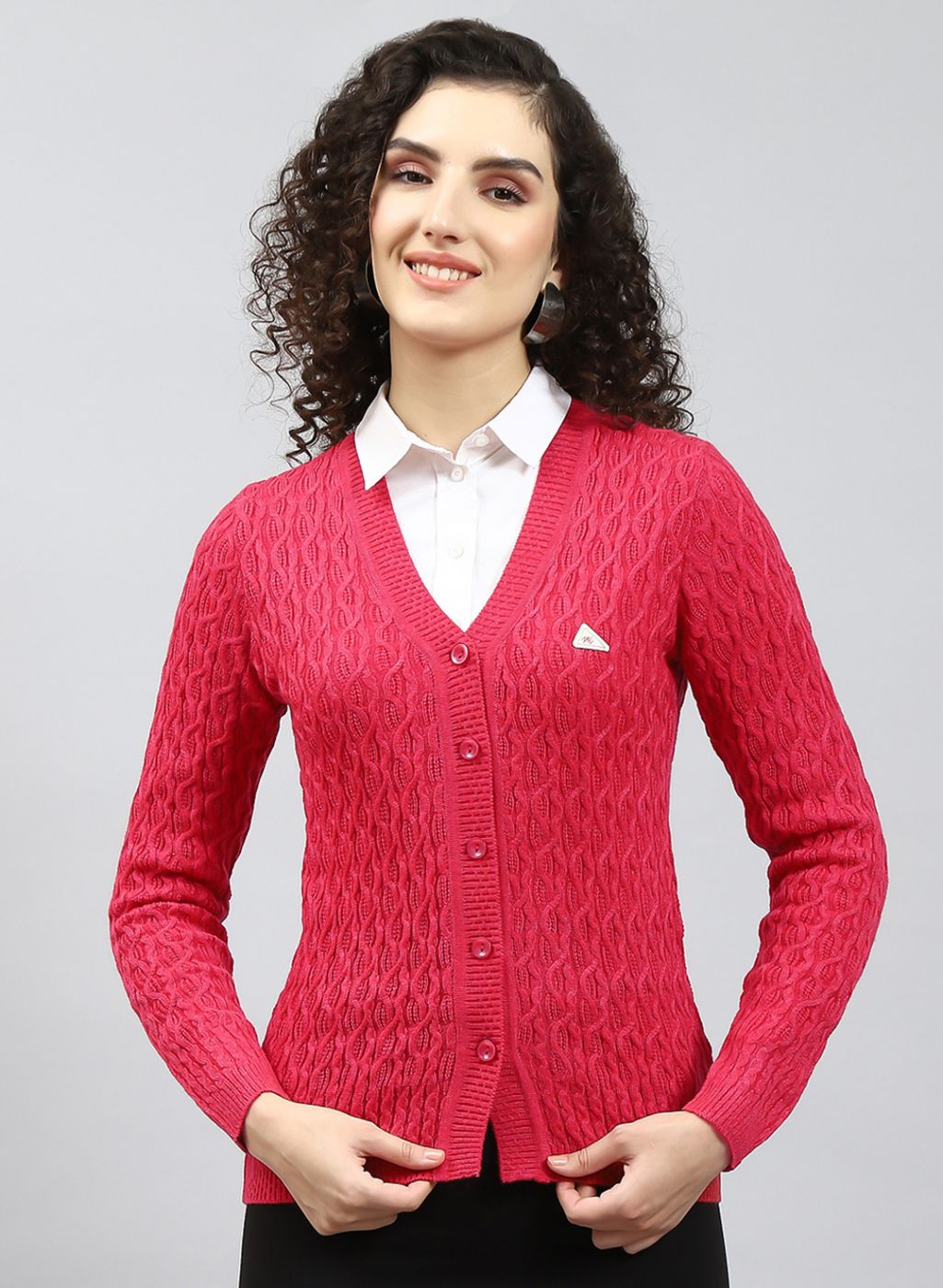 Women Red Self Design Wool blend Cardigan
