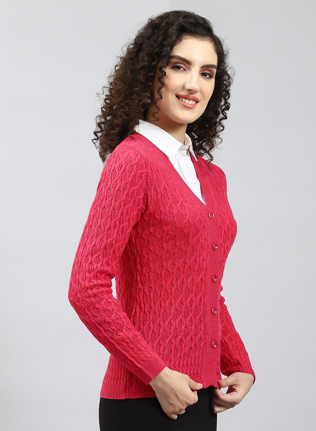 Women Red Self Design Wool blend Cardigan