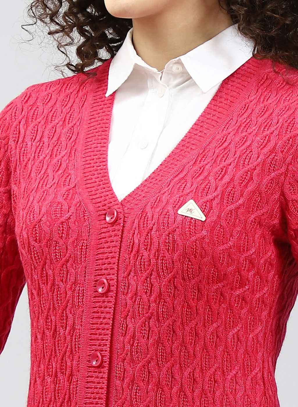 Women Red Self Design Wool blend Cardigan
