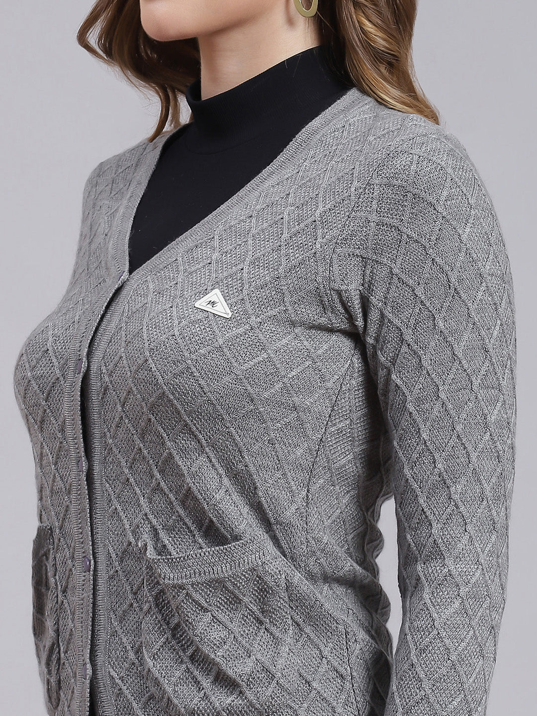 Women Grey Self Design Wool blend Cardigan
