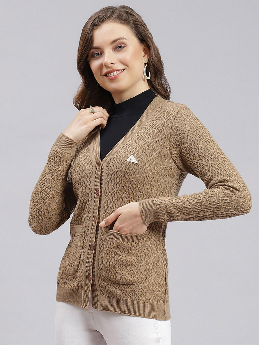 Women Beige Self Design Wool blend Cardigan