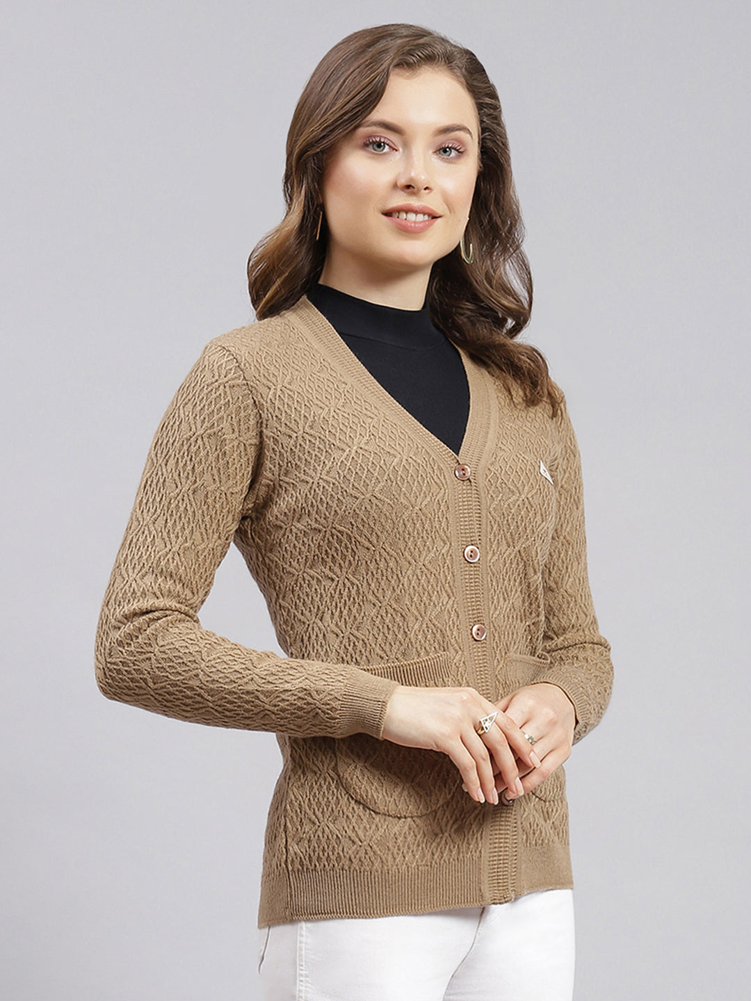 Women Beige Self Design Wool blend Cardigan