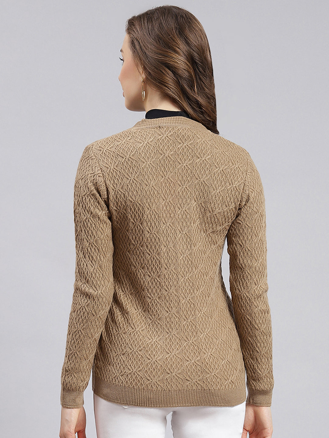Women Beige Self Design Wool blend Cardigan