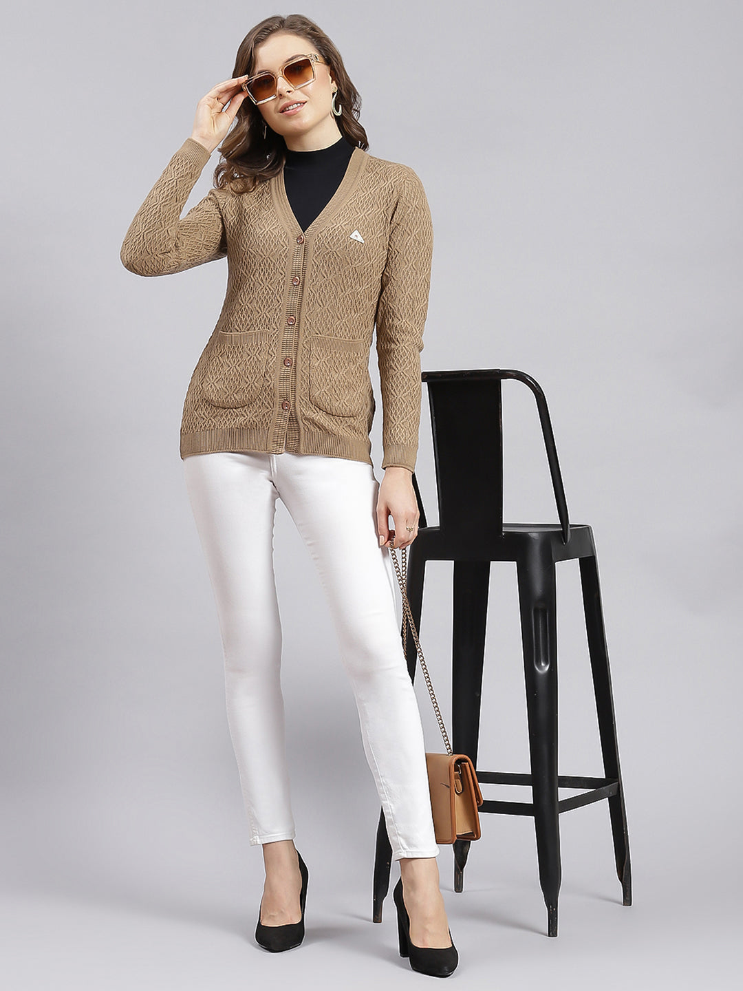 Women Beige Self Design Wool blend Cardigan