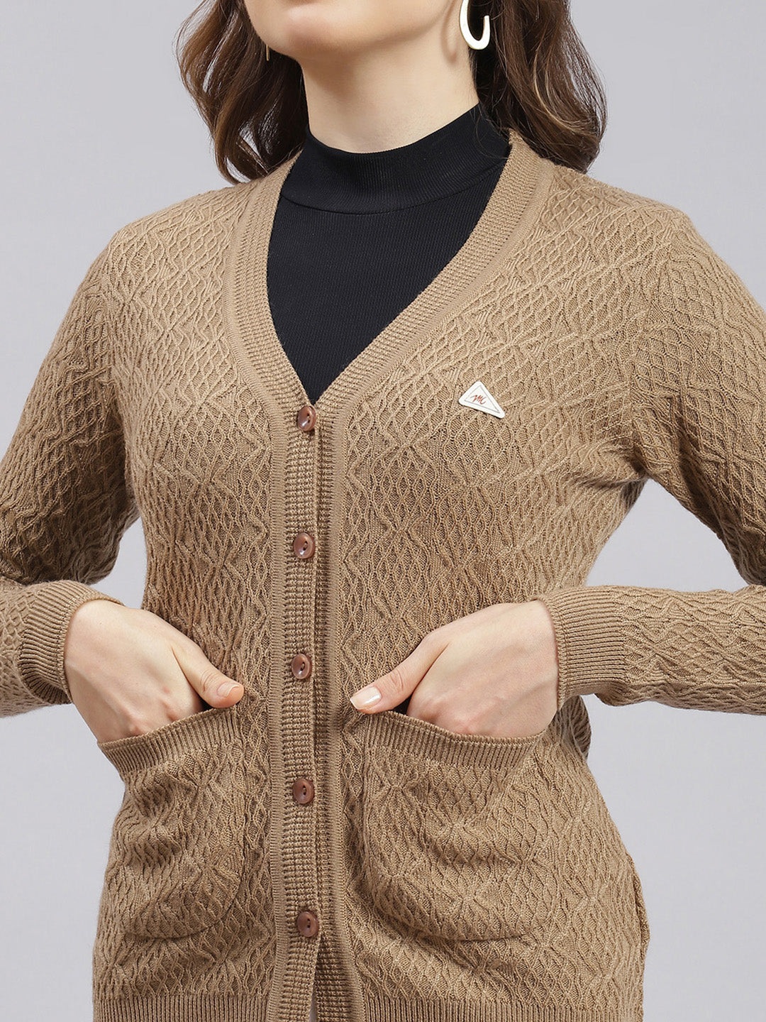 Women Beige Self Design Wool blend Cardigan