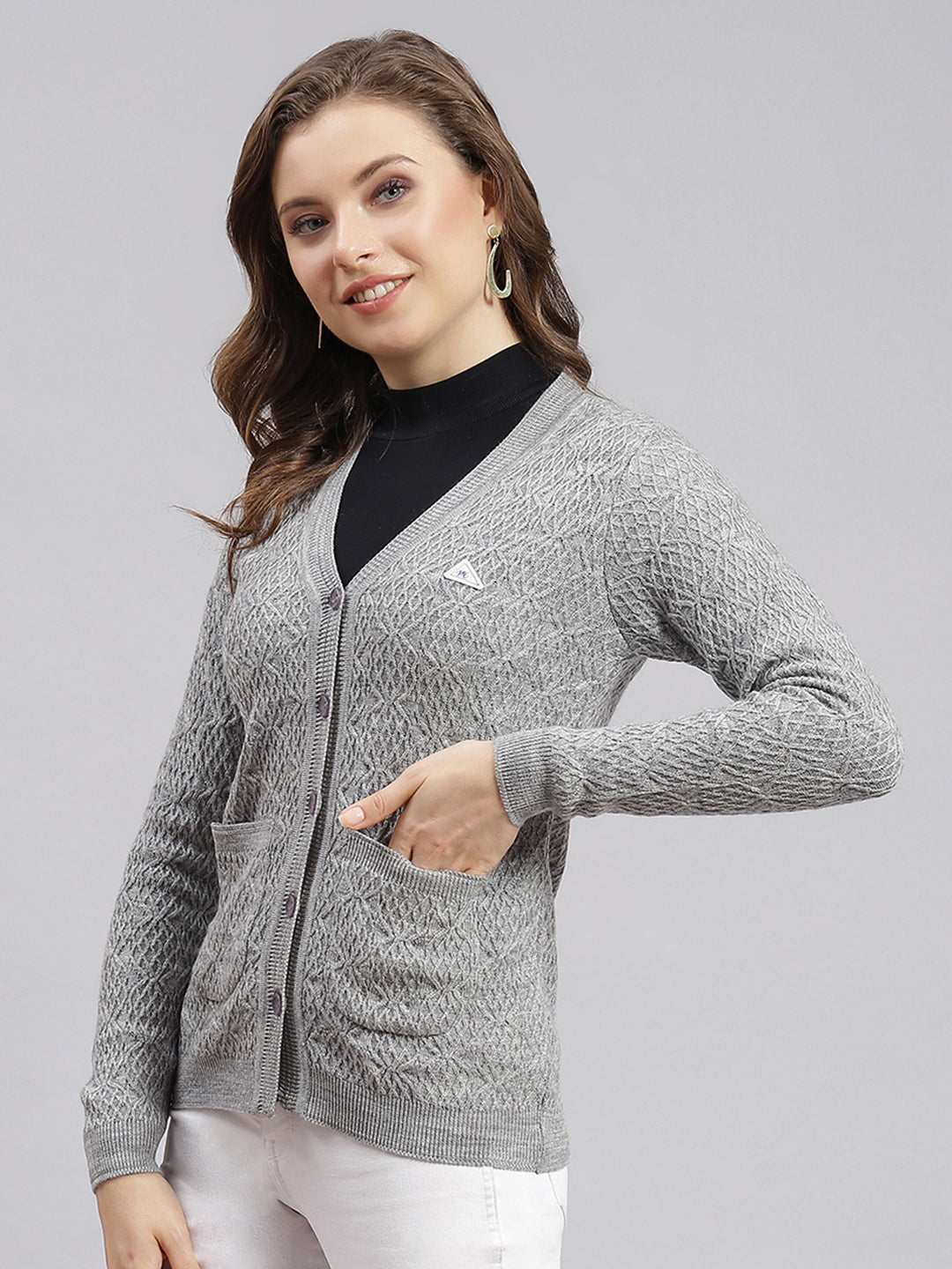 Women Grey Self Design Wool blend Cardigan