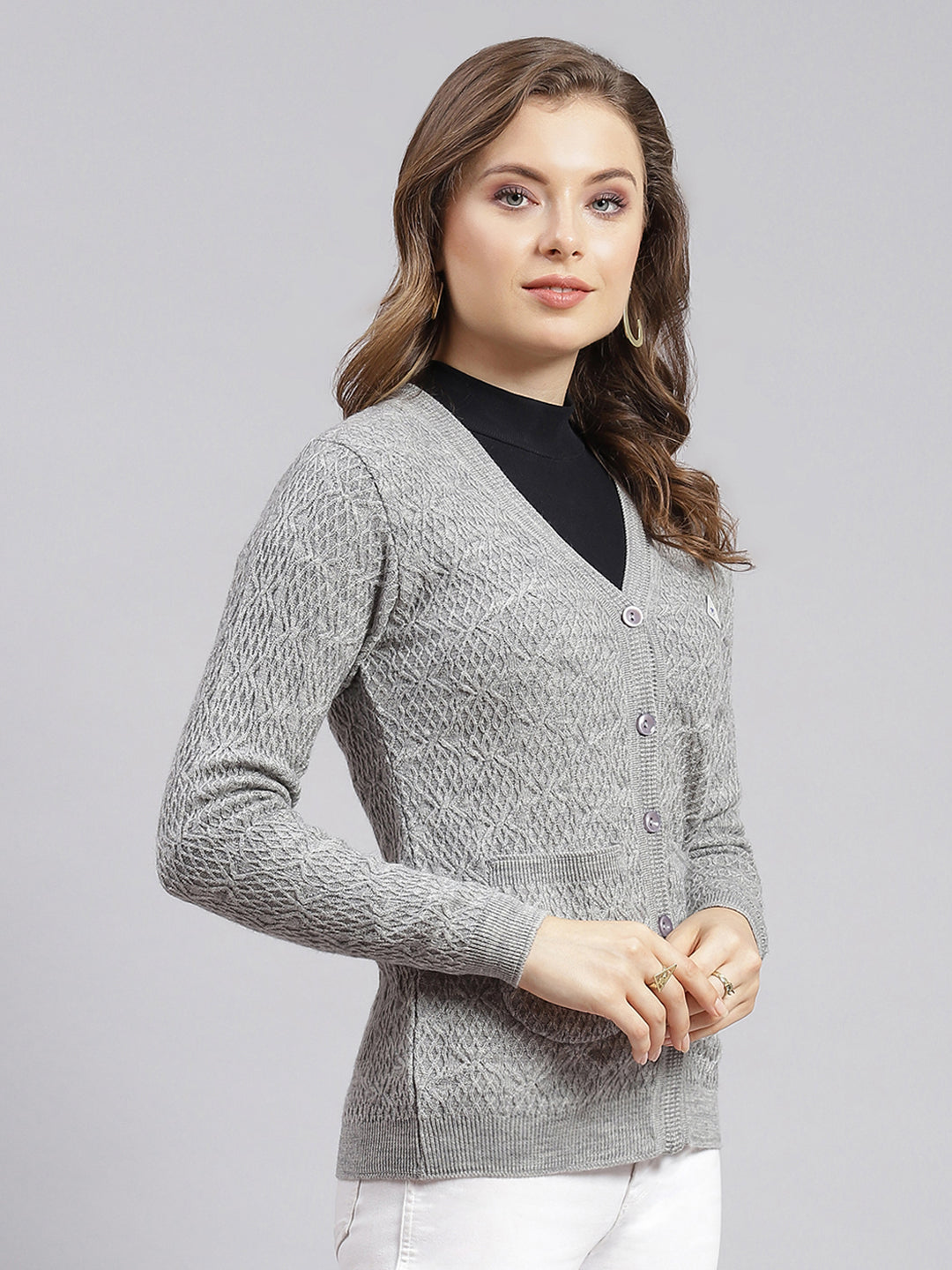 Women Grey Self Design Wool blend Cardigan