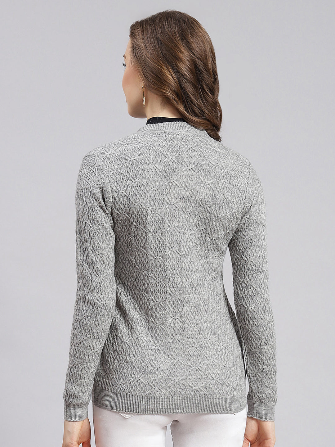 Women Grey Self Design Wool blend Cardigan