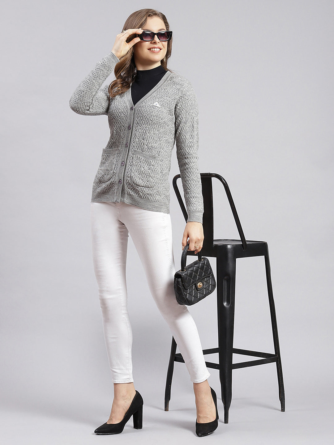 Women Grey Self Design Wool blend Cardigan