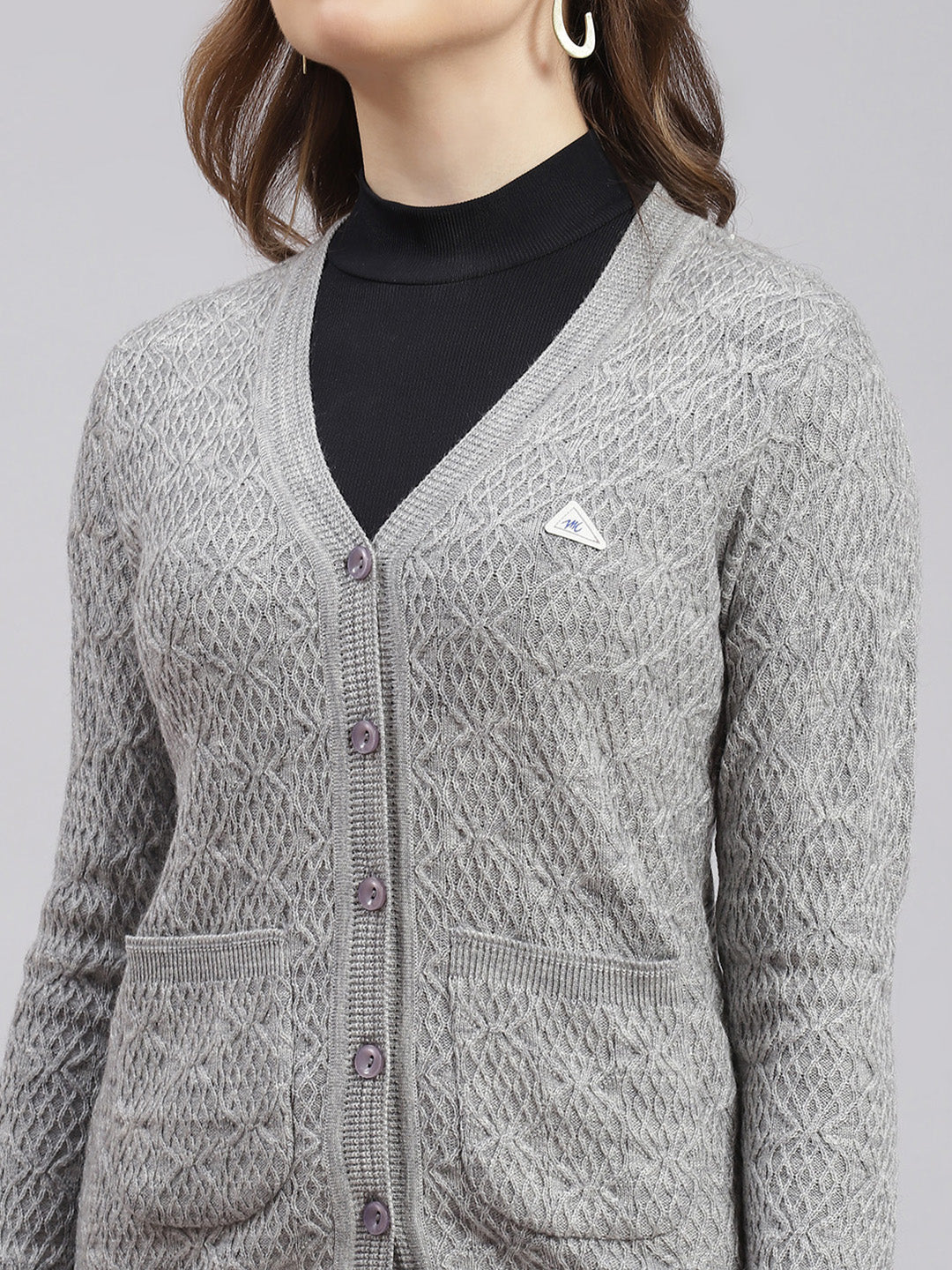 Women Grey Self Design Wool blend Cardigan