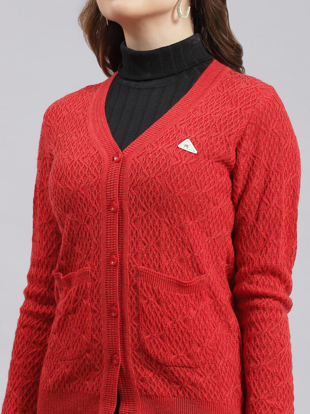 Women Red Self Design Wool blend Cardigan