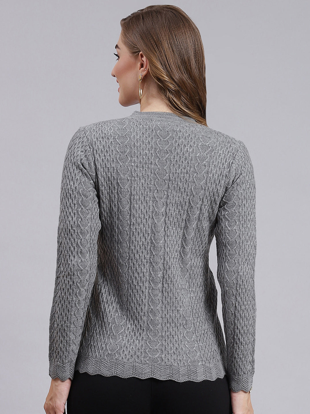 Women Grey Self Design Wool blend Cardigan