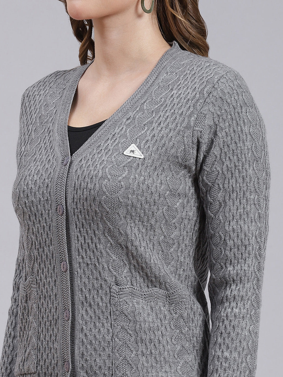 Women Grey Self Design Wool blend Cardigan