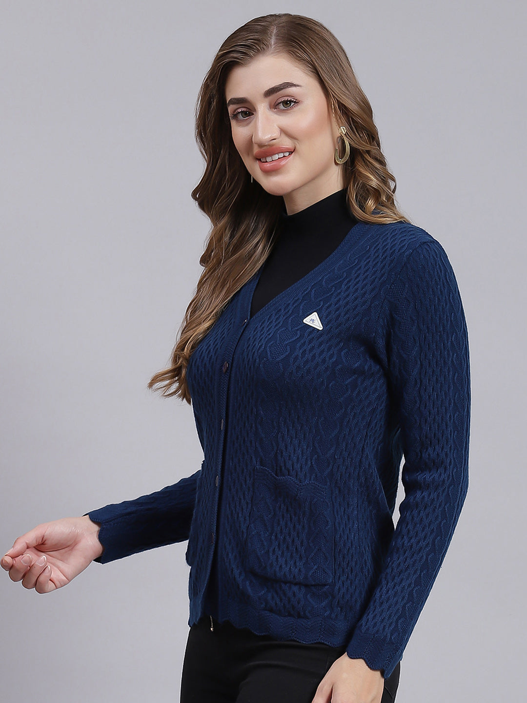 Women Blue Self Design Wool blend Cardigan