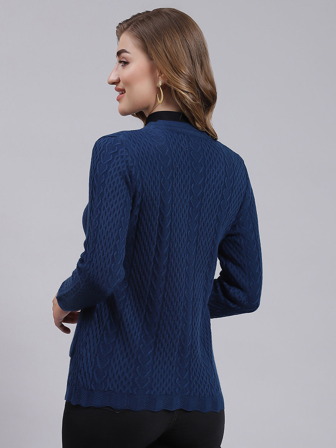 Women Blue Self Design Wool blend Cardigan