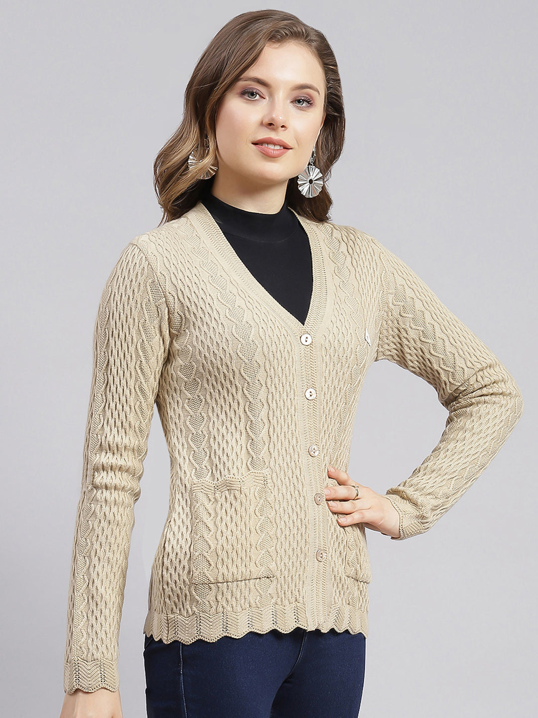 Women Camel Brown Self Design Wool blend Cardigan