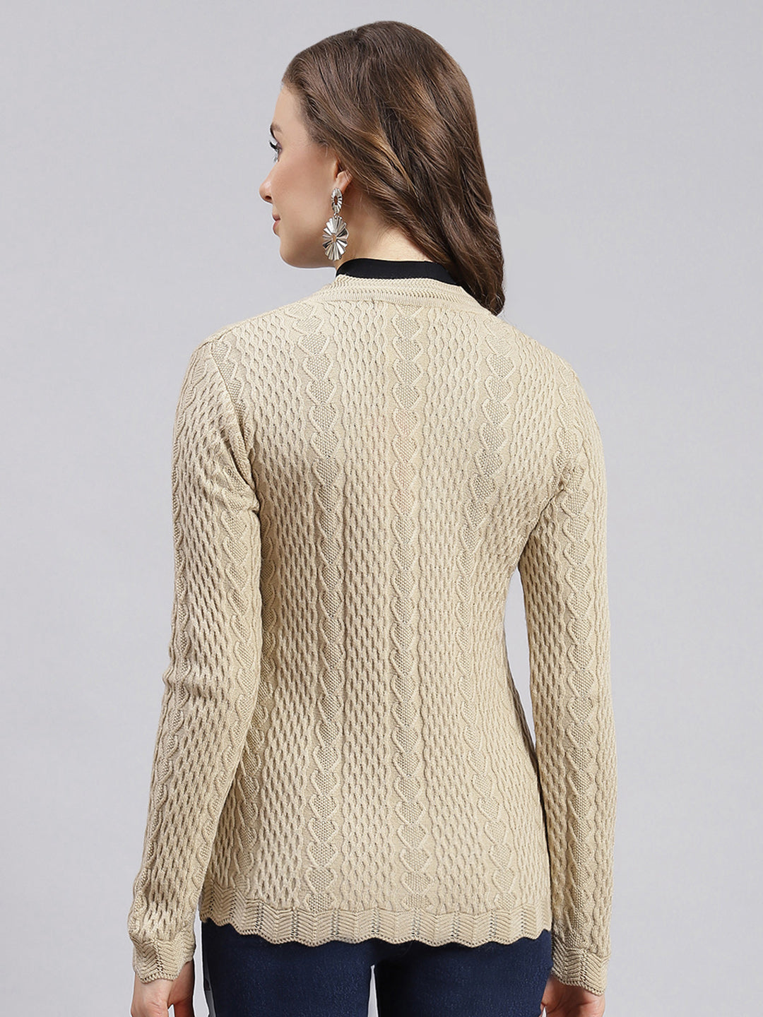 Women Camel Brown Self Design Wool blend Cardigan