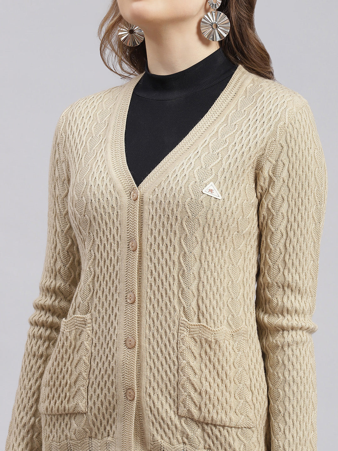 Women Camel Brown Self Design Wool blend Cardigan