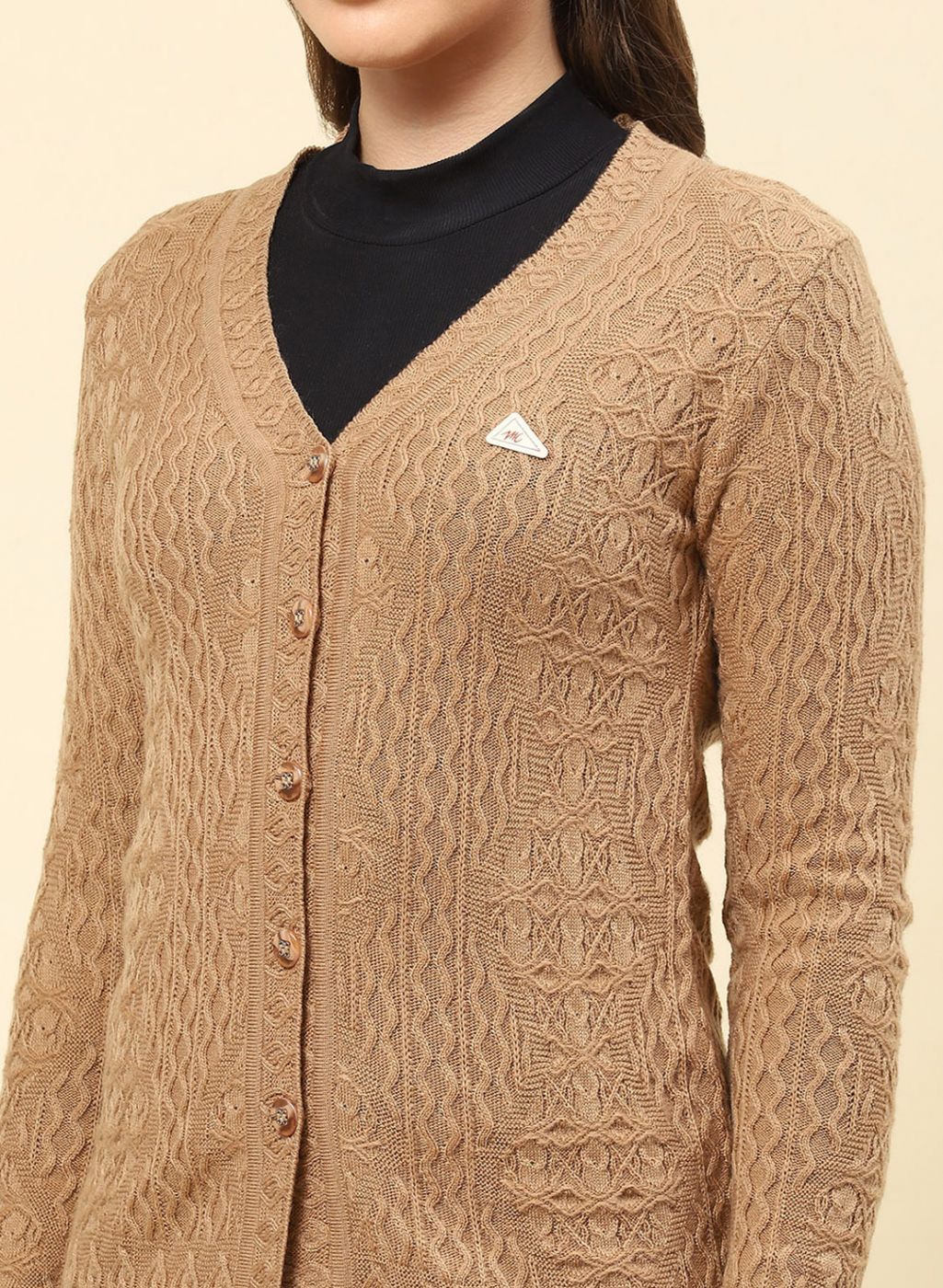 Women Camel Brown Self Design Blend wool Cardigan