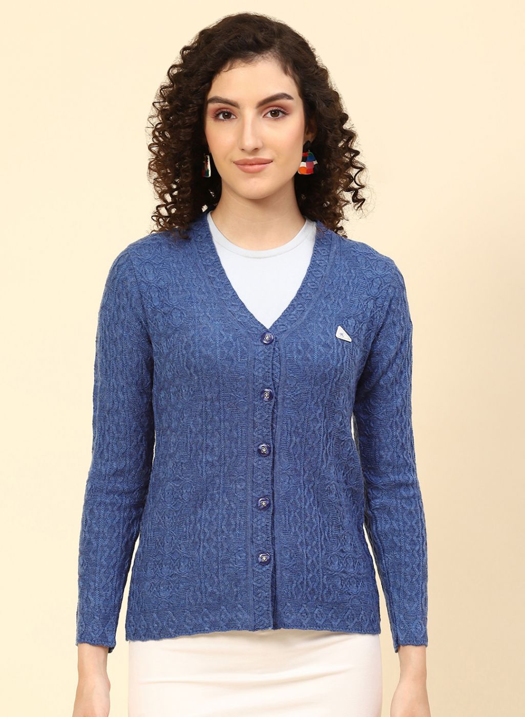Women Blue Self Design Wool blend Cardigan