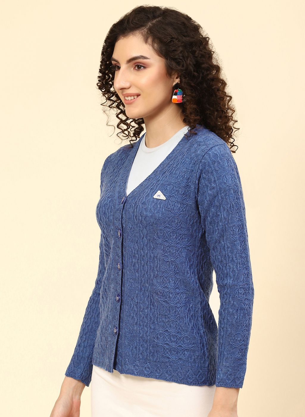 Women Blue Self Design Wool blend Cardigan