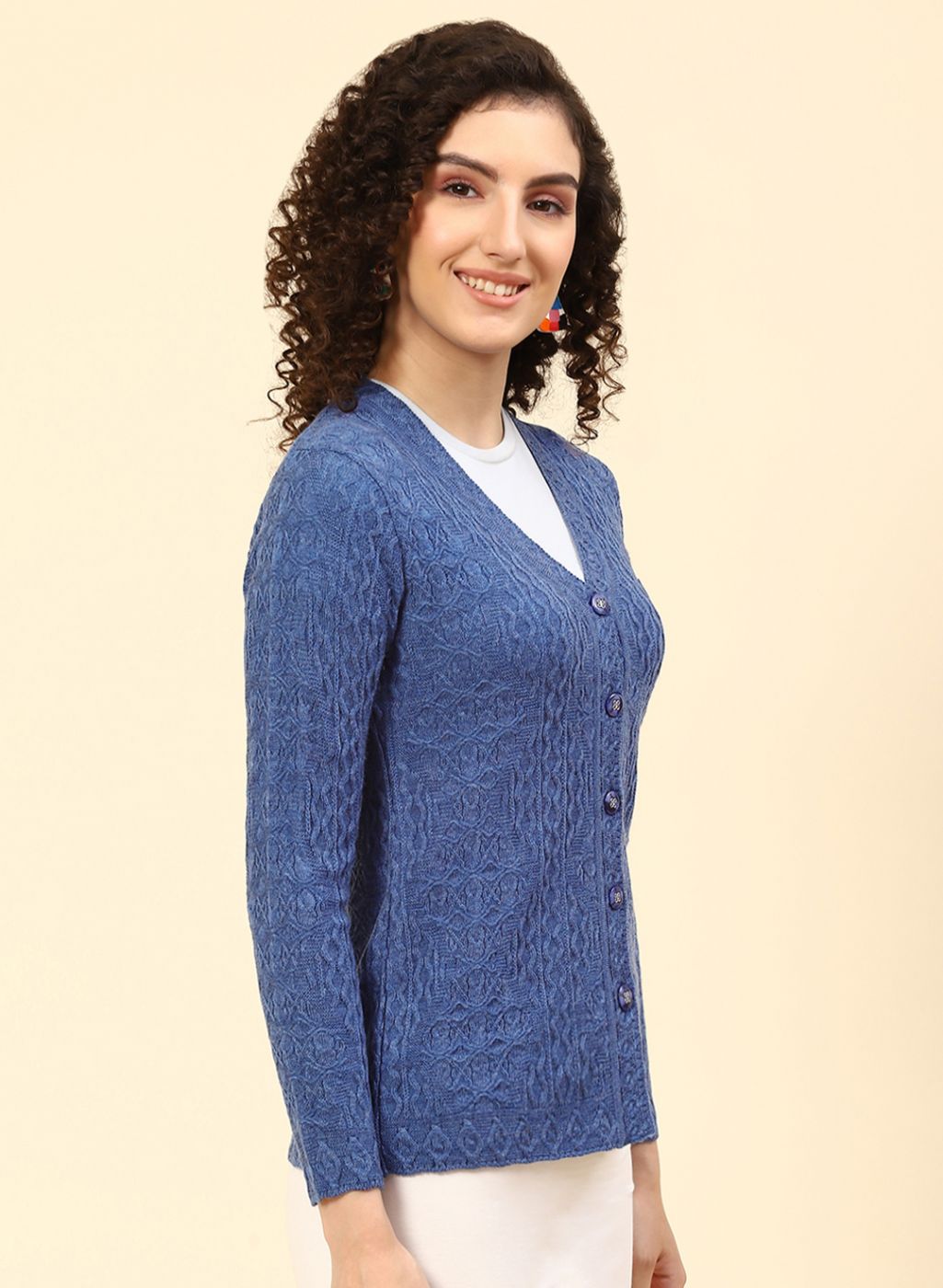 Women Blue Self Design Wool blend Cardigan