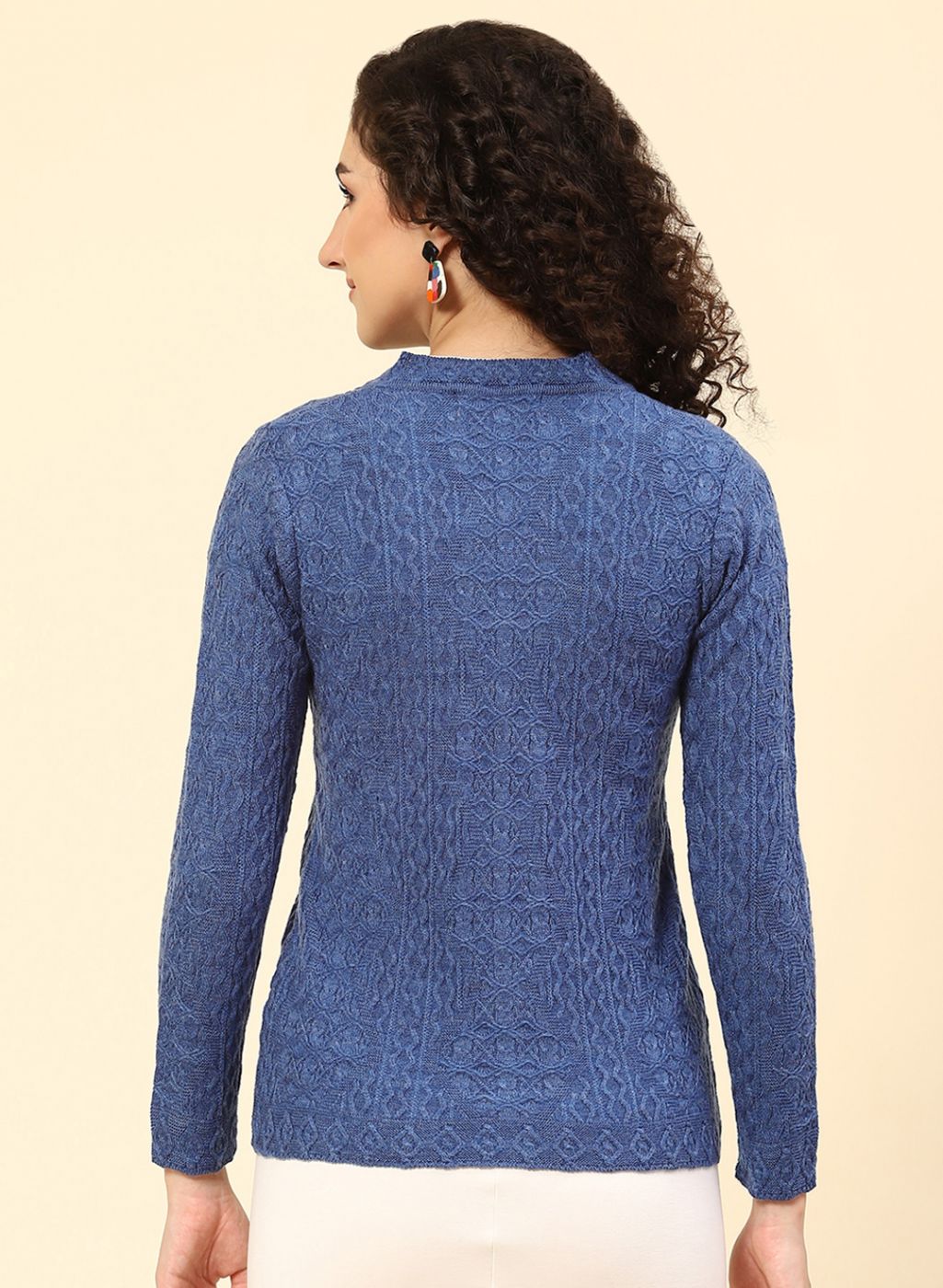Women Blue Self Design Wool blend Cardigan
