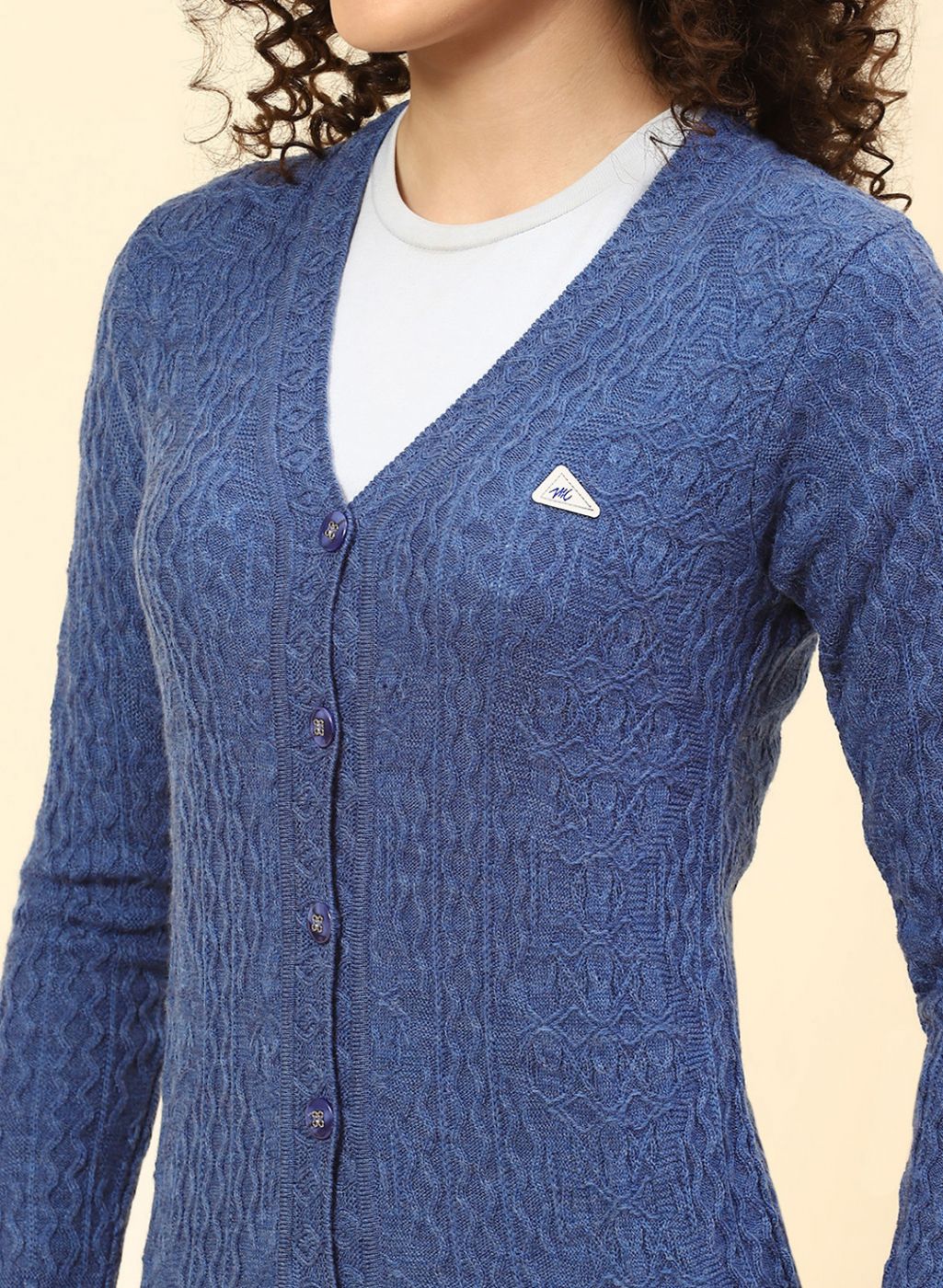 Women Blue Self Design Wool blend Cardigan