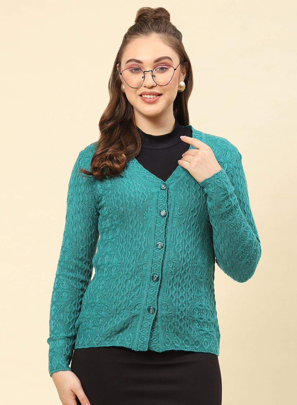 Women Sea Green Self Design Blend wool Cardigan